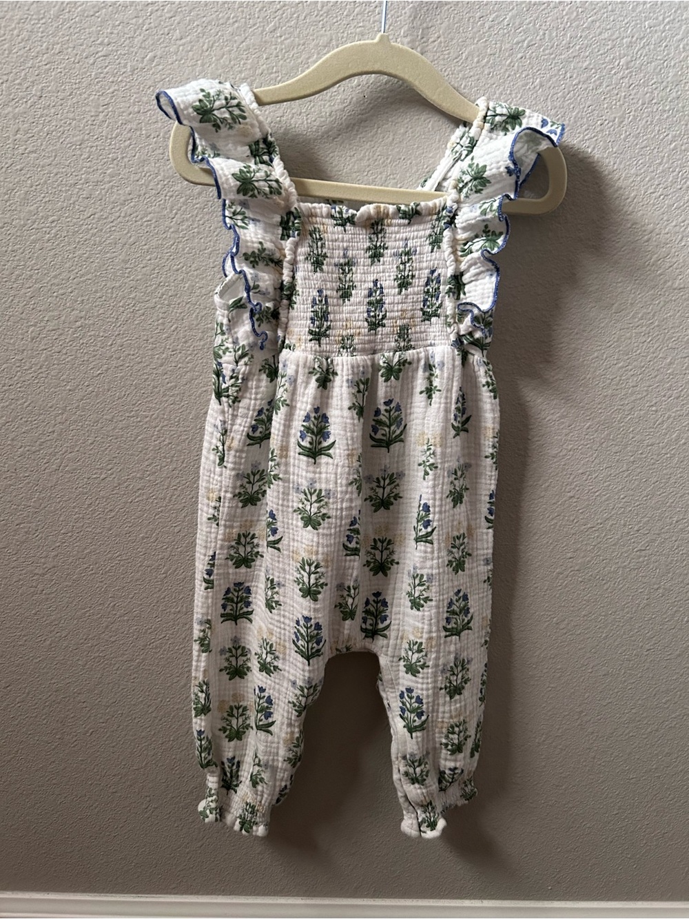 Mud Pie White Floral Ruffle Romper with Green Print
